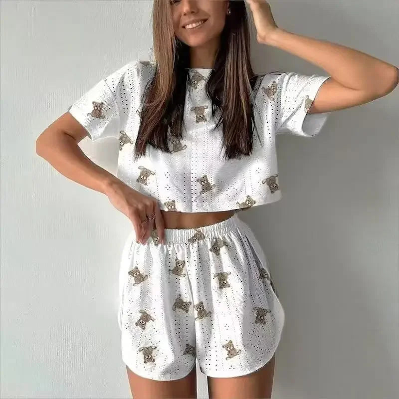 Summer Women's Casual Print Hollow out Short Two-Piece Set V-neck Home.