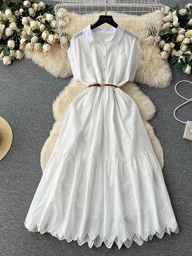 Women Summer Dress Loose Breasted Lace Up Long Dress.