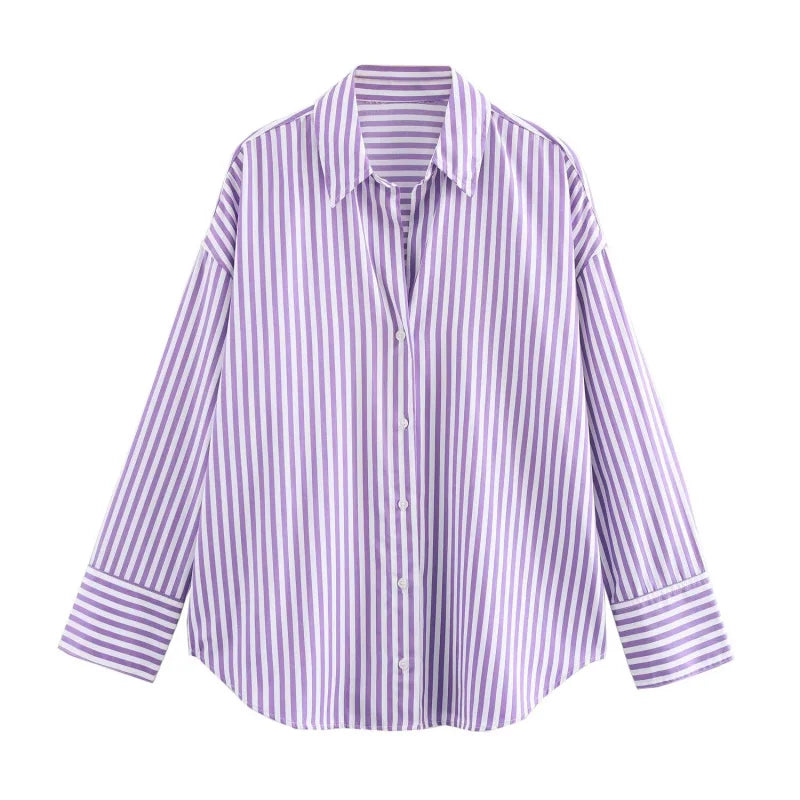 Women's spring new Europe-American fashion striped long sleeve lapel loose.