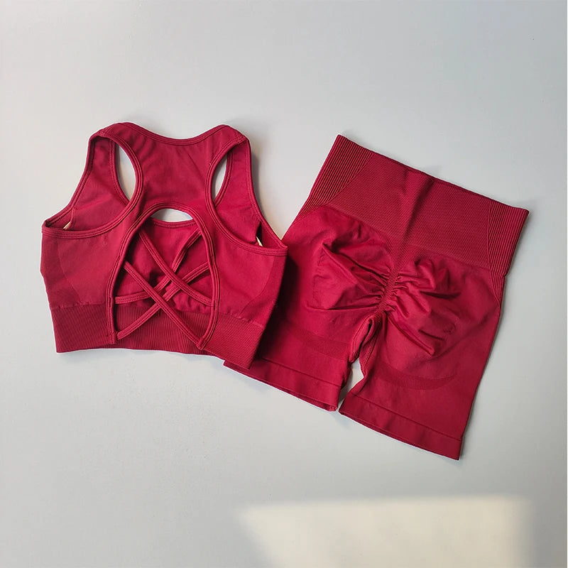 2 PCS Women's Seamless Yoga Set Sexy Sport Bra High Waist Sports Shorts.