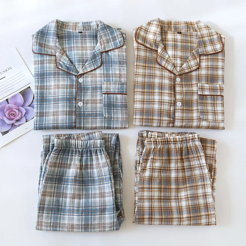 Men's Pajama Set Spring/Summer Checkered Simple Long sleeved Two Piece.