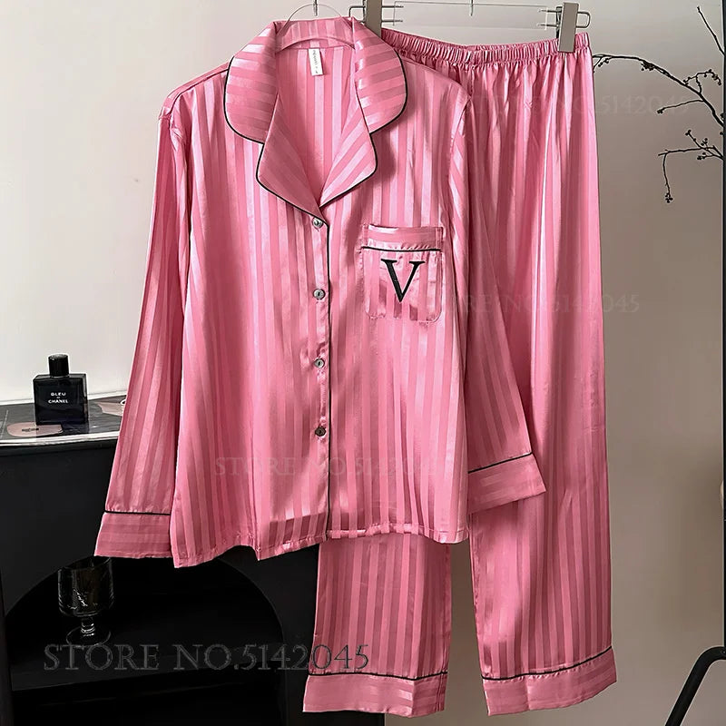 Female 2pcs Pajamas Set Sleepwear Long Sleeve Trouser Pijamas Suit.