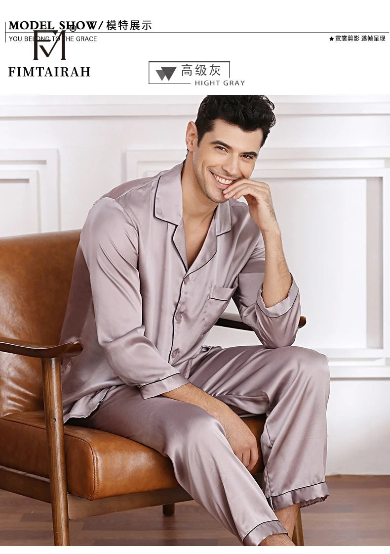 Men's Two Sets Sleepwear Summer Soft Long Sleeve  Home Wear  Mulberry Silk Pijimas.
