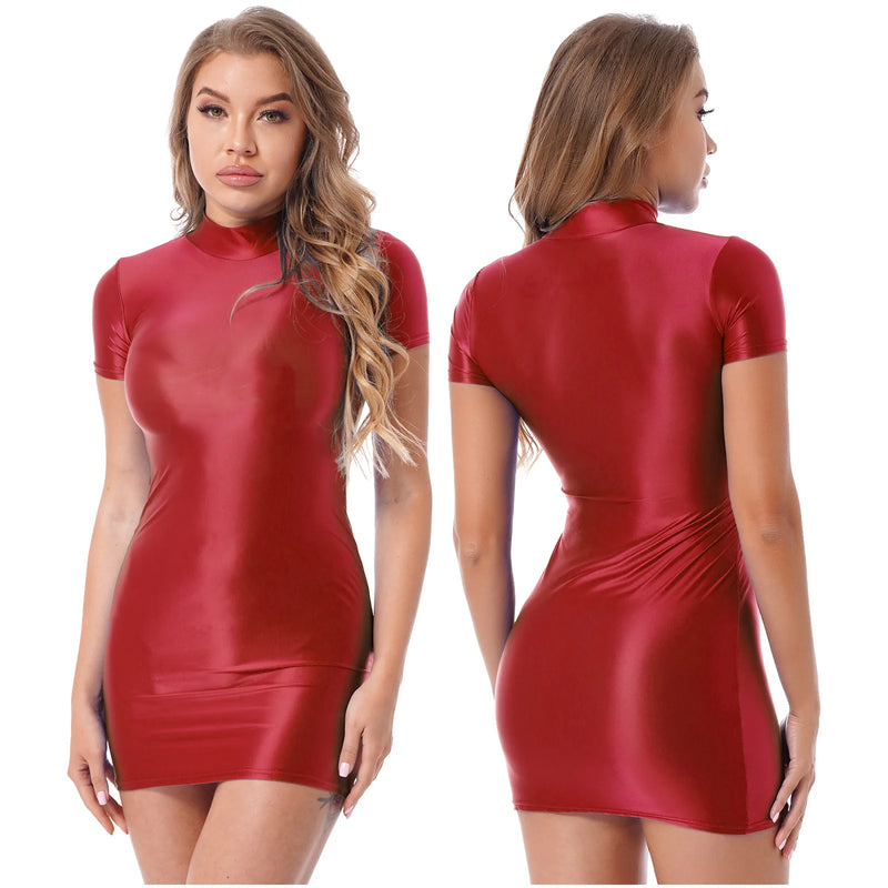 Women’s Oil Glossy Tights Mini Dress Sexy Party Clubwear.