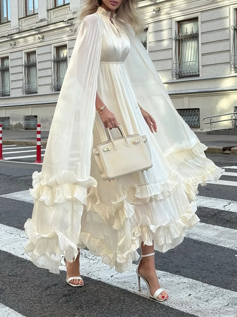 VGH Solid Spliced Ruffles Cape Long Dresses for Women.