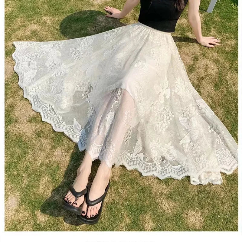 Elegant Lace Mesh Skirt for Women Lace Skirts High Waist Summer Long Skirt.