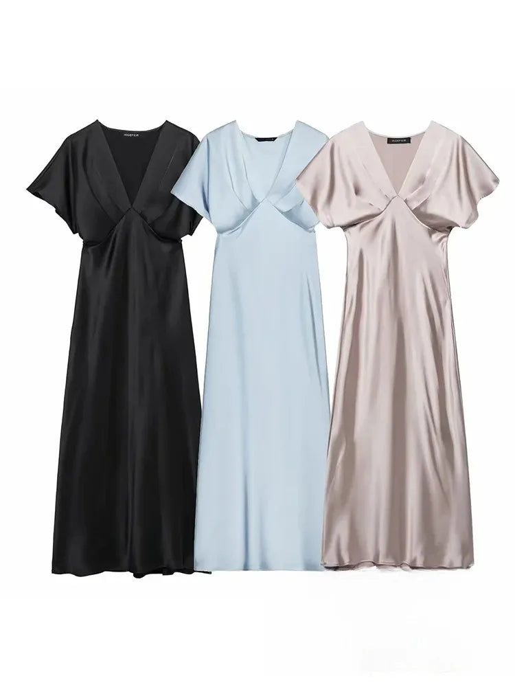 Women’s Sexy V Neck Satin Long Dress.