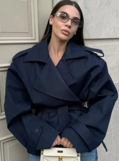 Casual Solid Lace Up Short Trench Coat Women Chic Long Sleeve.