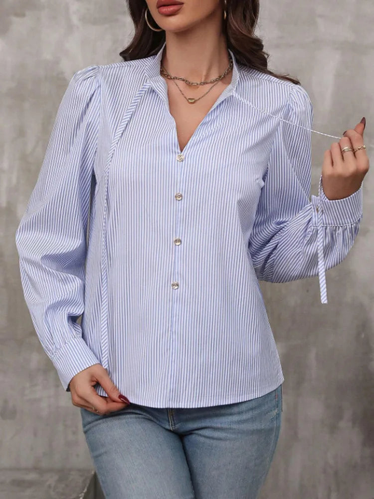 Women V-Neck Button Down Long Sleeve Top Solid Color Striped Shirt.