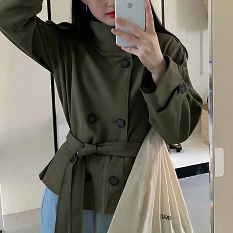 Belted Waist Cropped Trench Jackets Women Double Breasted Stand Collar.
