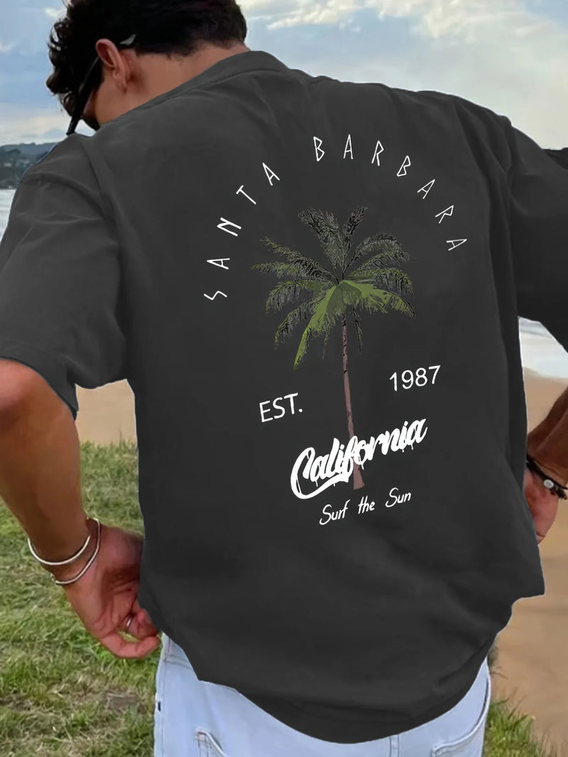 Men's Vacation Coconut Tree Letter Printed Comfortable Breathable Round Neck T-shirt.