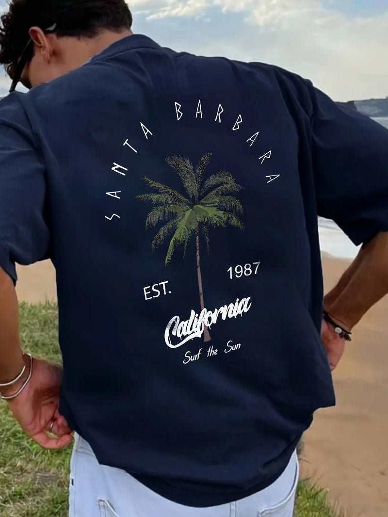 Men's Vacation Coconut Tree Letter Printed Comfortable Breathable Round Neck T-shirt.