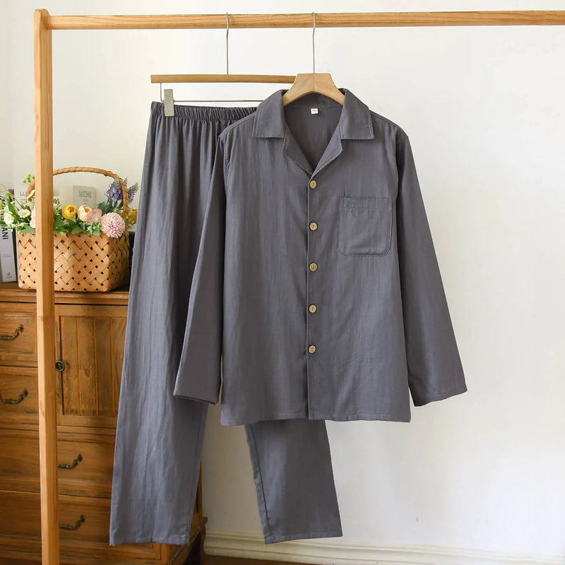 Men's Pajama Set Cotton Gauze Solid Color.