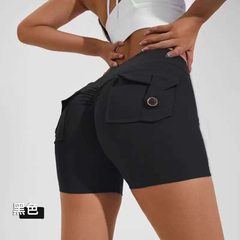 Fitness Exercise Three-Quarter Pants Cargo Air Dry Pocket Yoga Tight lift the hips Women's Shorts.