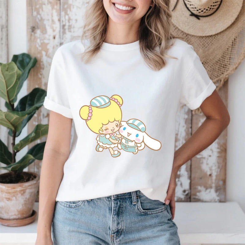 Cinnamoroll and Fufu Sweet Shop Buddies Print Cotton T Shirt for Women.