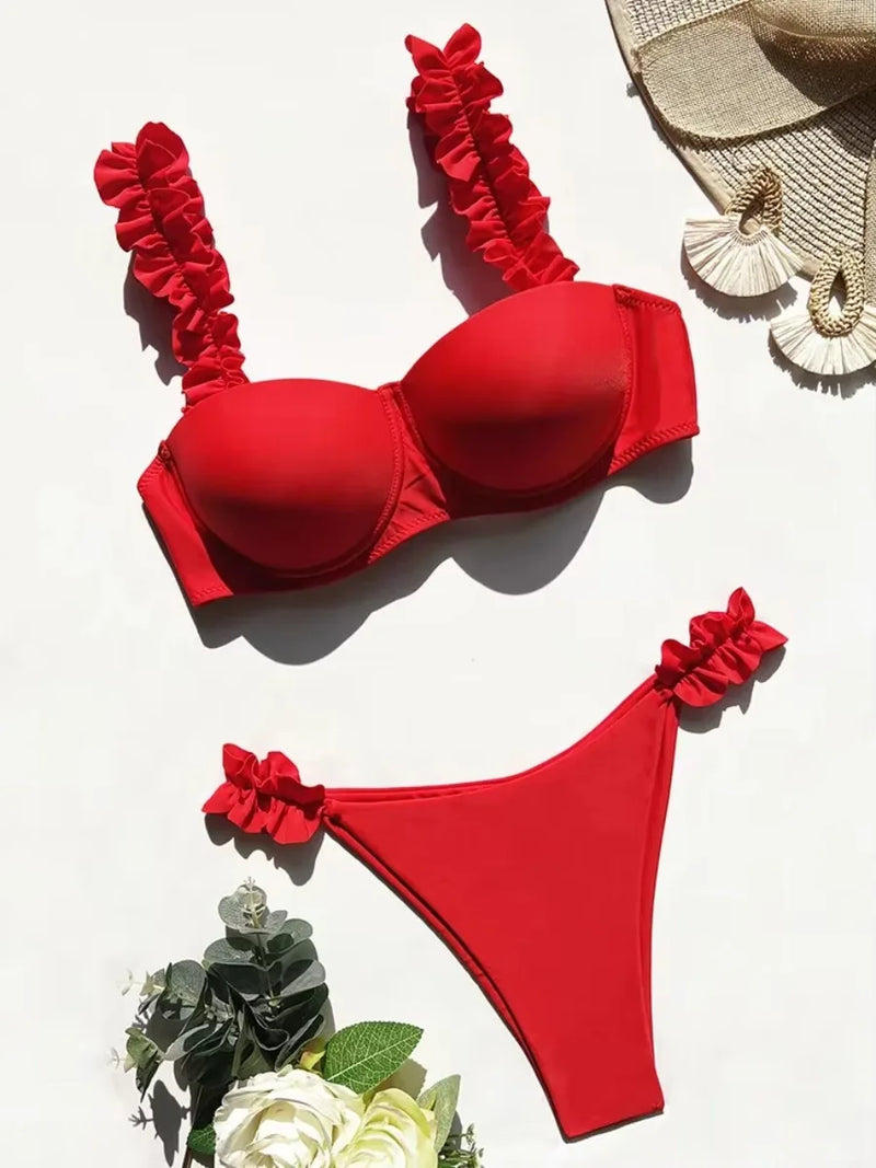 Push Up Ruffled Bikinis Underwired Bra Cup Bikini Women Swimsuit Female.
