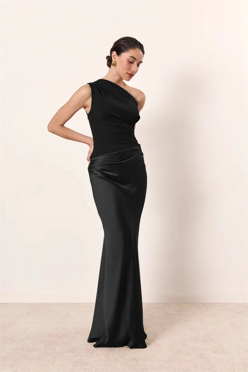 Women’s Mozision Satin Inclined Shoulder Sexy Maxi Dress.
