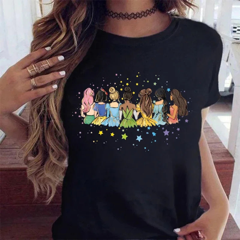 Fashion Disney Princess Printed T Shirt Watercolor Magic Castle Princess Women.