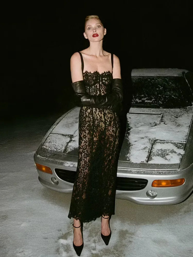 Sexy Spaghetti Strap V Neck Lace Long Dress Women.