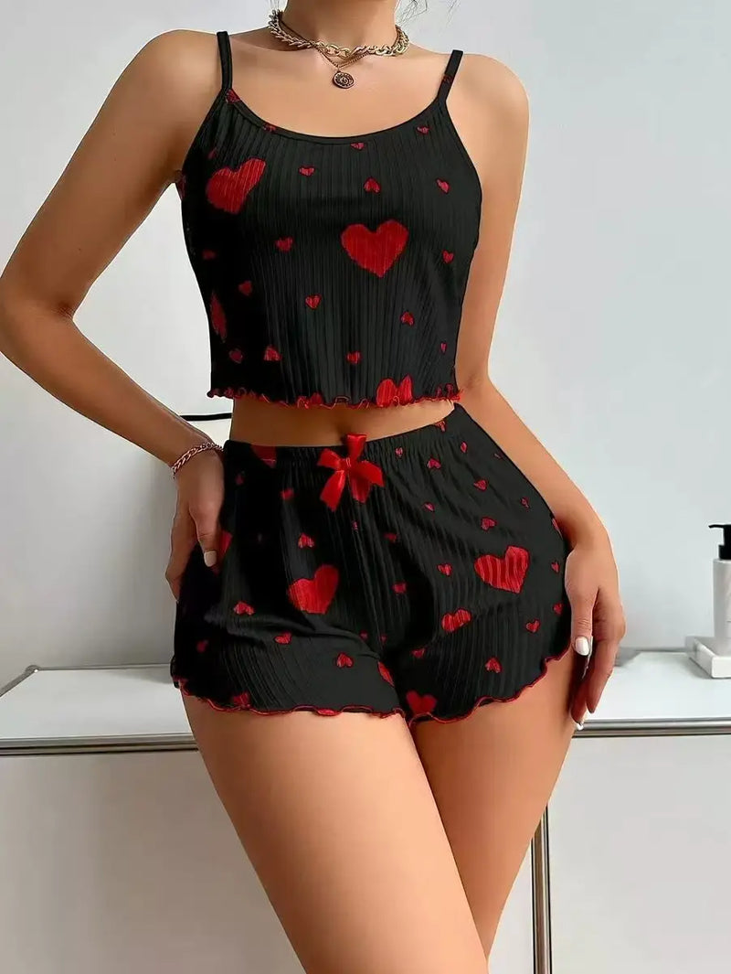Women's Pajamas Set Straps Sleepwear Vest + Shorts Red Heart Print.