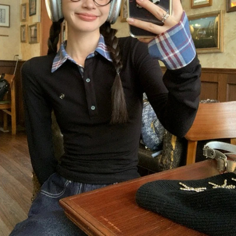 Polo Neck Plaid Patchwork Embroidery T Shirts Spring Autumn Fake Two-piece.