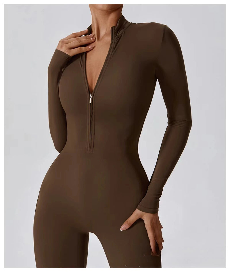 Yoga Boilersuit Long Sleeved Women's Sportswear Gym Zipper Jumpsuits.