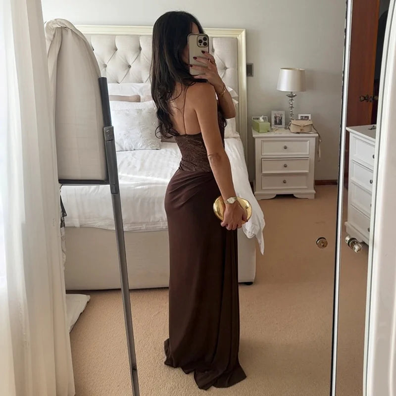 Women’s Mozision One Shoulder Lace See Through Sexy Maxi Dress.