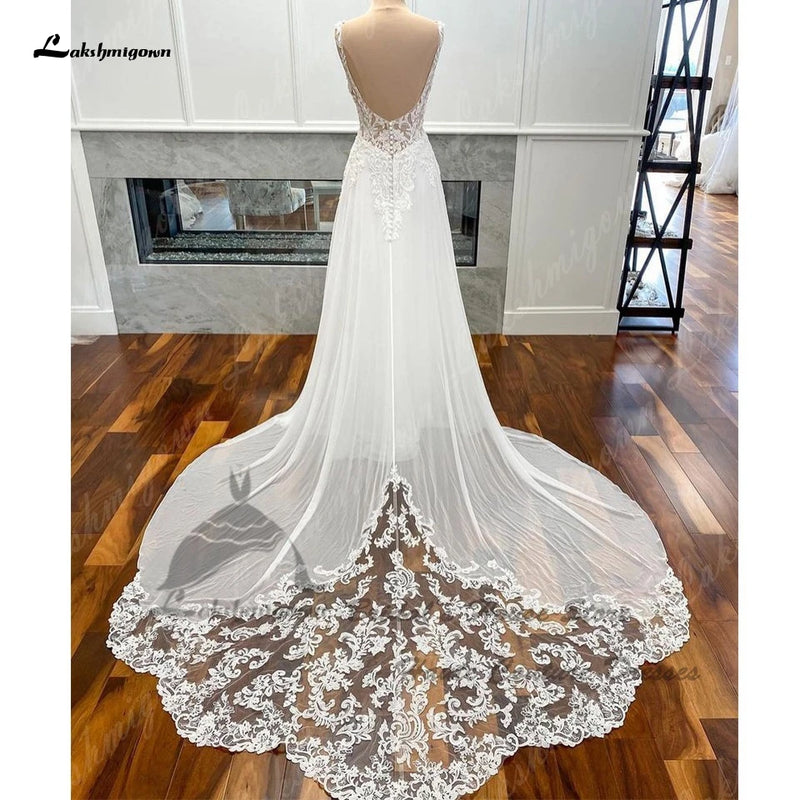 Women’s Lakshmigown Luxury Chiffon Long Boho Lace Wedding Dress.