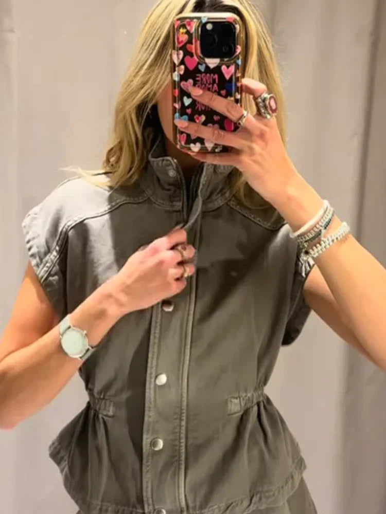 Casual Denim Vest Long Pant Set Women Sleeveless High Collar Button Tops.