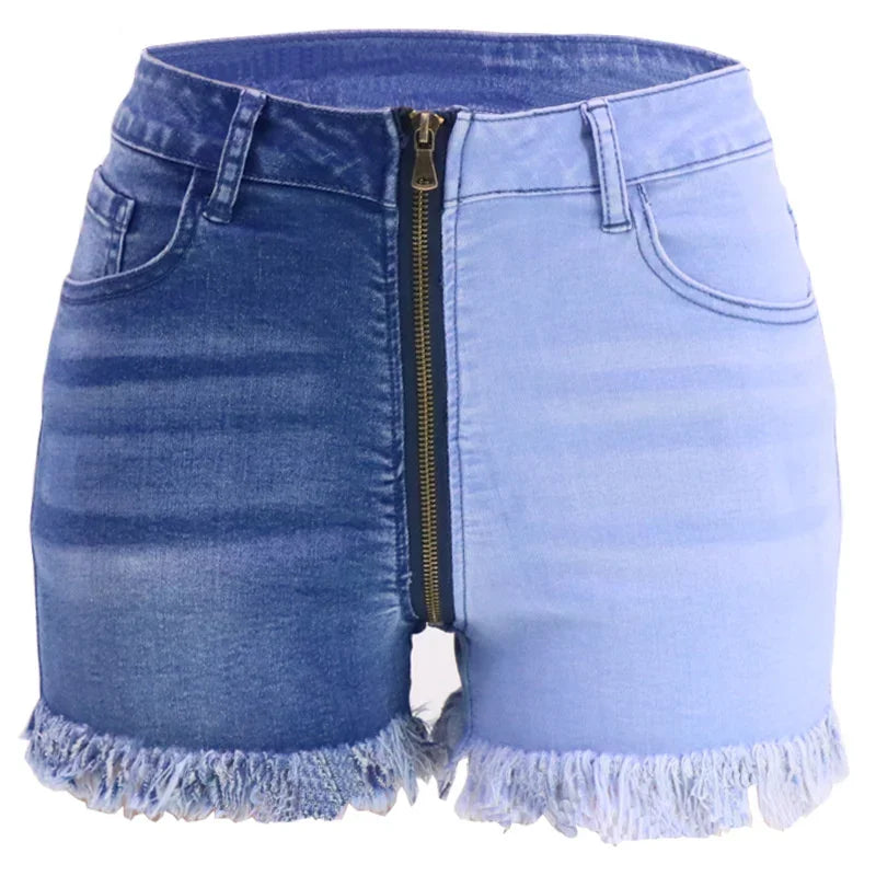 Fashion Front Zipper Open Crotch Denim Shorts Women.