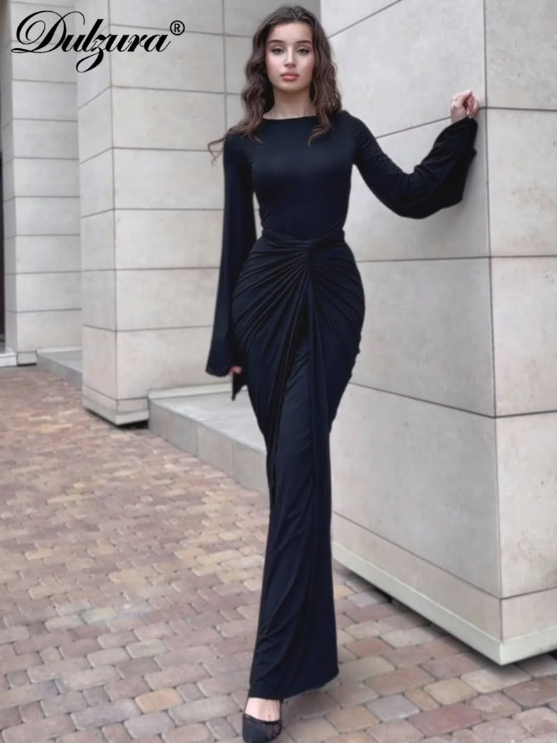 Dulzura Autumn Fashion Elegant O-Neck Long Flare Sleeve Ruched Slim Fit Ribbon.