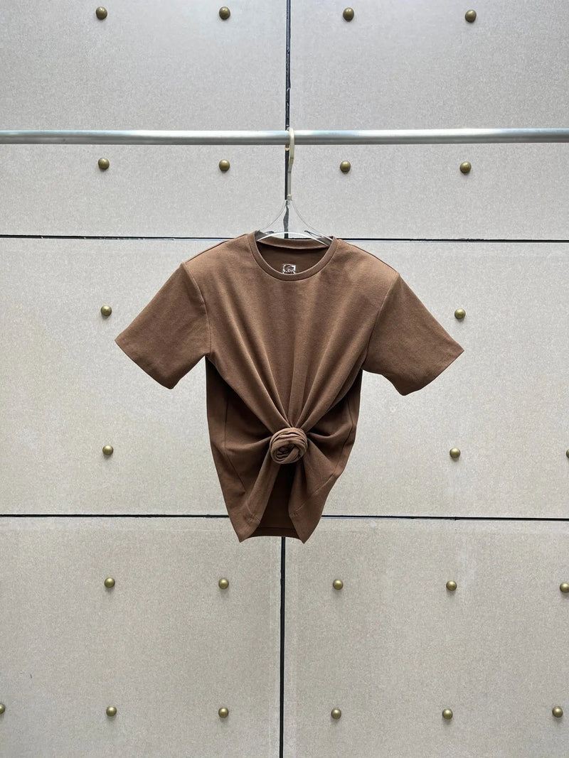 Y2K knotted twist knitted threaded round neck Top women fashionable.