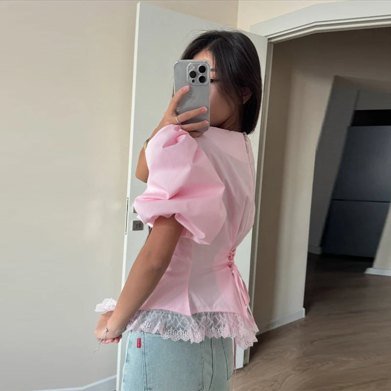 Casual Lace Insert Hem Blouse Women's Puff Sleeve Solid Round Neck.