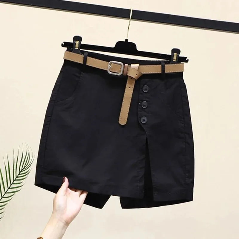 Chic Shorts Women Belt Korean Solid Buttons Side Slit A-line Streetwear.