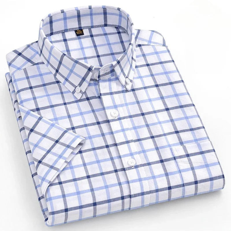 fashion summer cotton oxford plaid short sleeve shirt for man designer office.