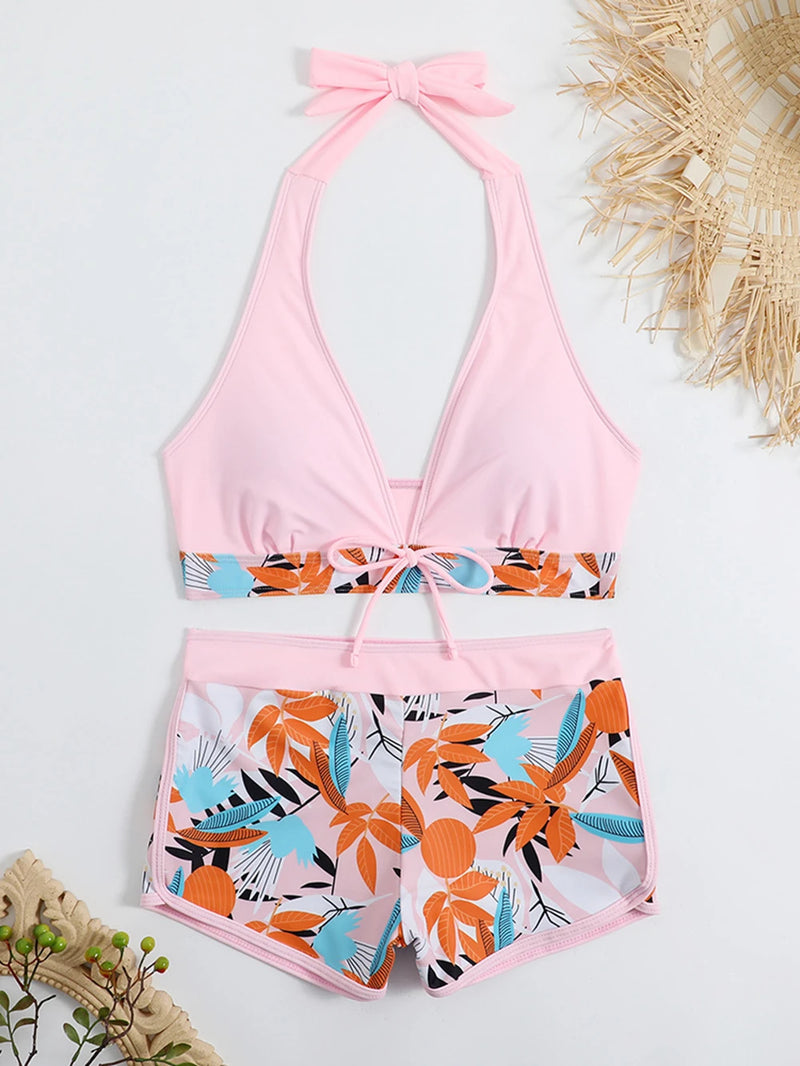 15 Colors Swimwear Women Two-Piece Suit Patchwork Halter Bikini Top.