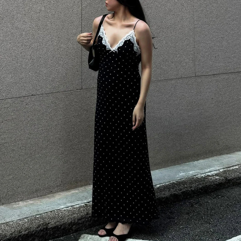 Women's Elegant Retro V-Neck Polka Dot Sleeveless Dress.