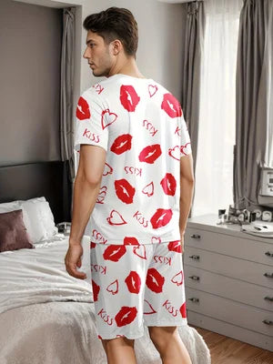Men's pajama set with lips, "kiss", and heart-shaped prints.