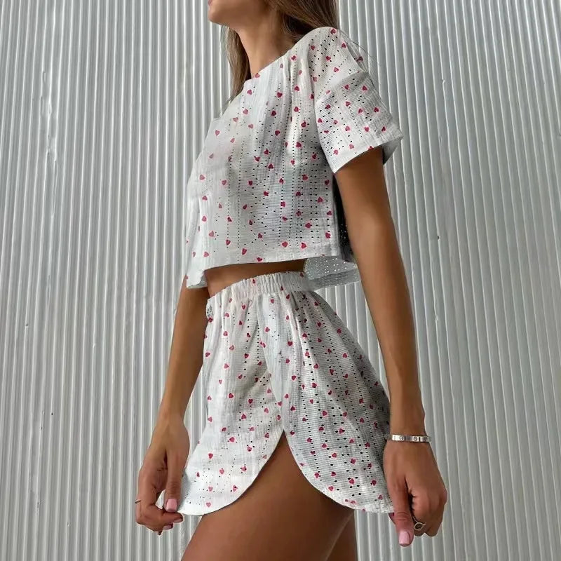 Summer Women's Casual Print Hollow out Short Two-Piece Set V-neck Home.