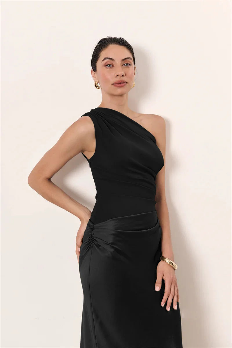 Women’s Mozision Satin Inclined Shoulder Sexy Maxi Dress.