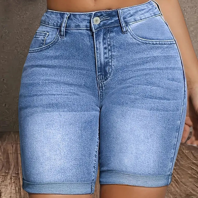 Women's Mid Rise Stretchy Denim Bermuda Shorts.