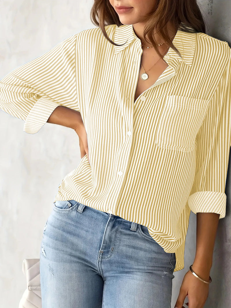 Women Long Sleeve Striped Loose Shirt Office Lady Elegant Turn Down.