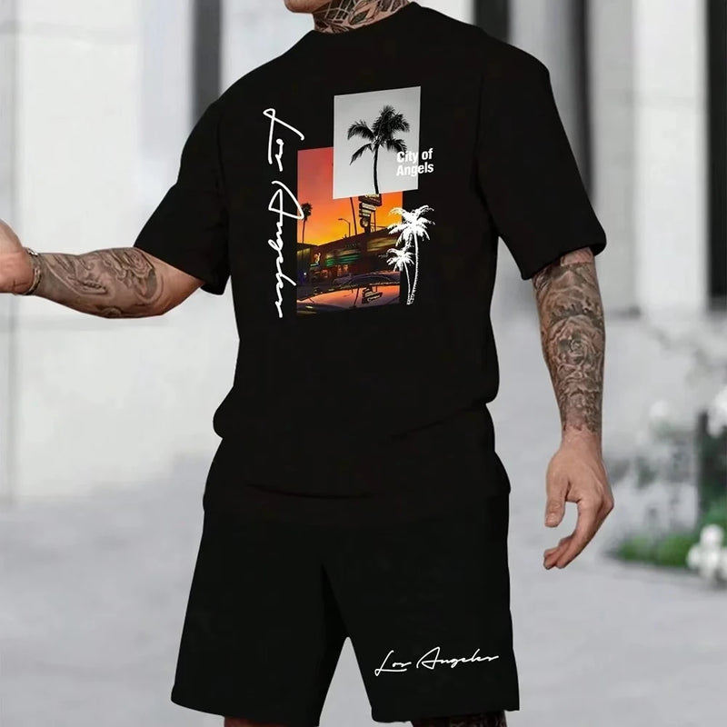 Men's Suit Hawaiian Gradient Coconut Print Suit Summer Beach T-Shirt and Pants 2 Piece.