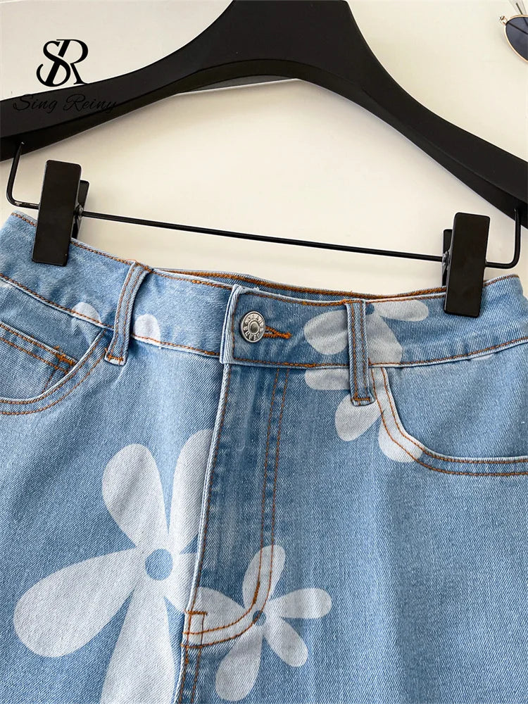 SINGREINY Print Denim Shorts Casual Korean Style High Waist Slim.