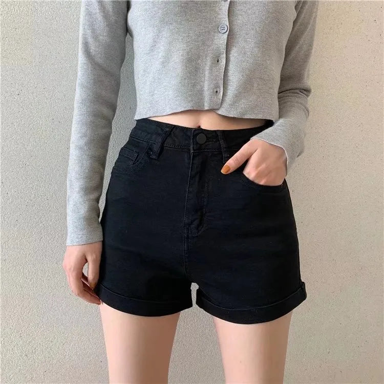 Denim Shorts Female Jeans Summer New High Waist Loose Fit Black Slimming.
