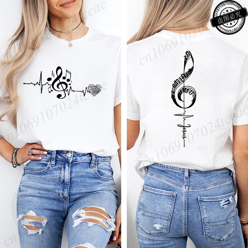 Musical Notes Printed T-Shirt for Women,Heartbeat Music Graphic Tee.