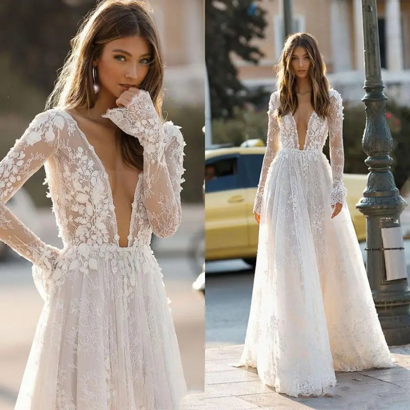Women’s Sexy Deep V Neck Elegant Wedding Dresses.