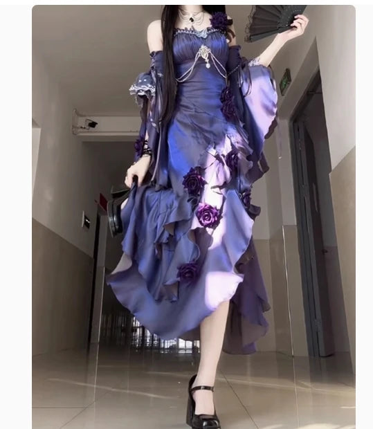 Women’s Red Rose Lolita Slimming Long Asymmetrical Fishtail Dress.