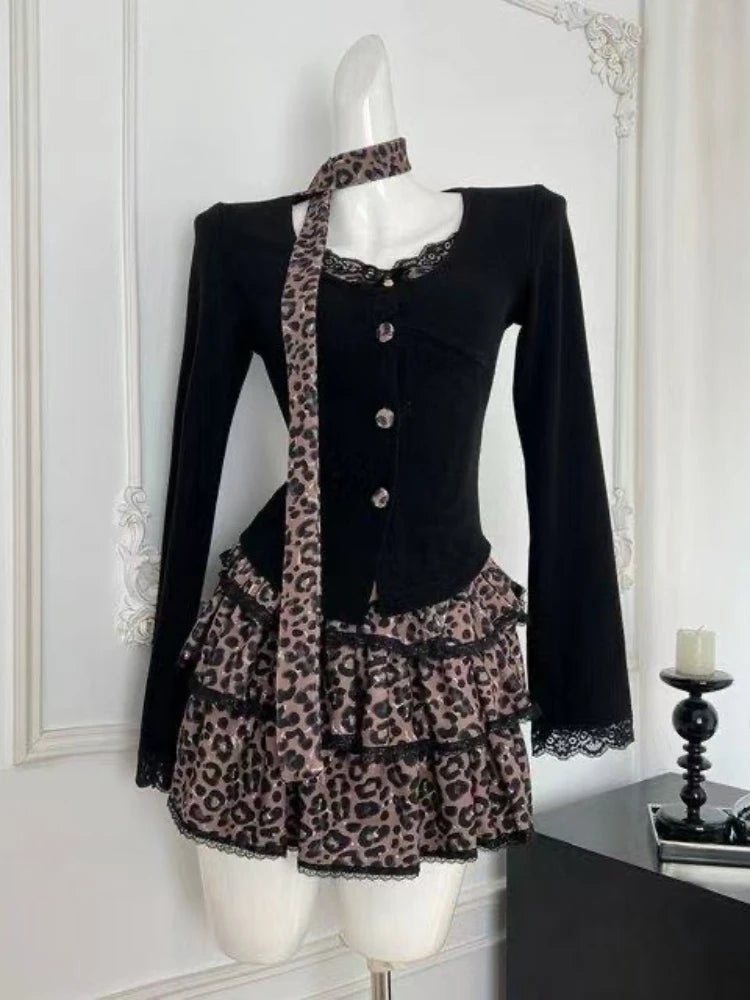Korean Sexy Fashion Elegant 2 Piece Set Women Bow Lace Tops+Slim Fit Chic Dress.