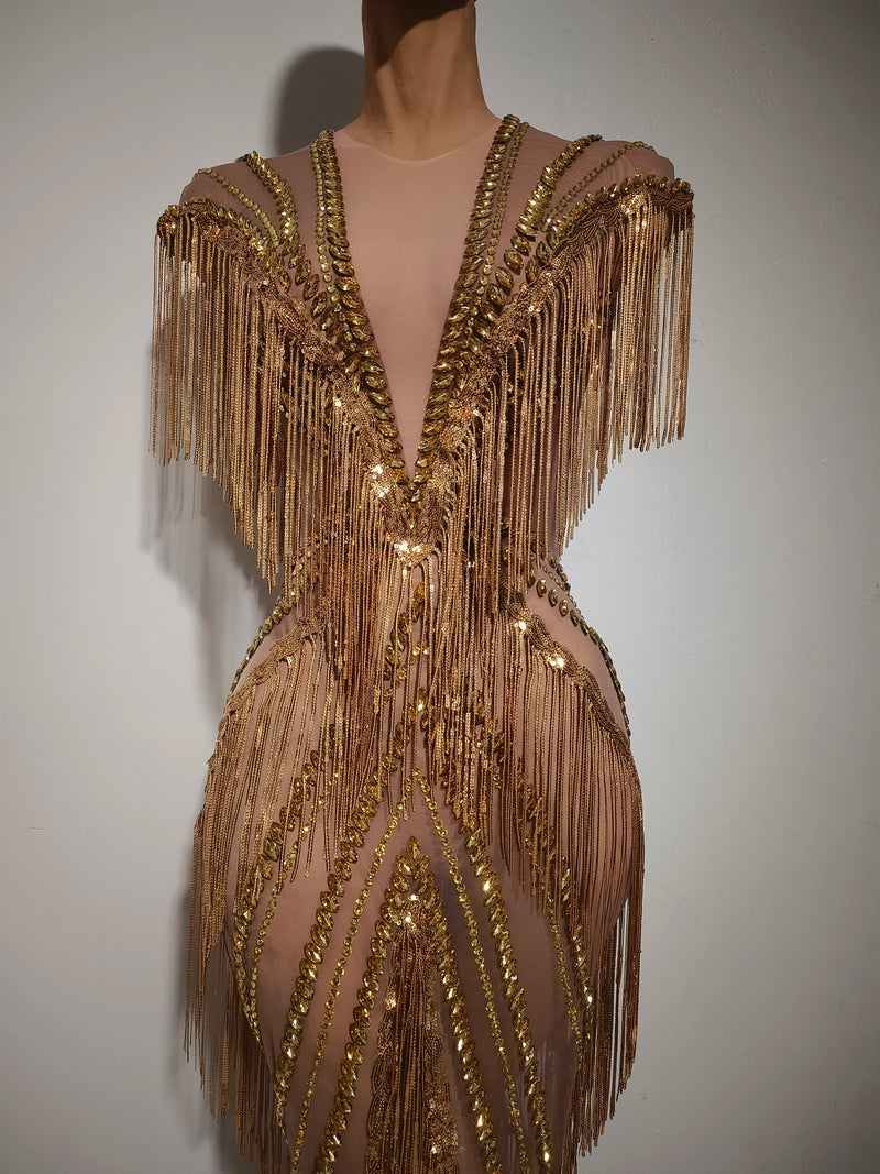 Women Sexy Mesh Sparkly Rhinestone Tassels Stretch Long Dress.